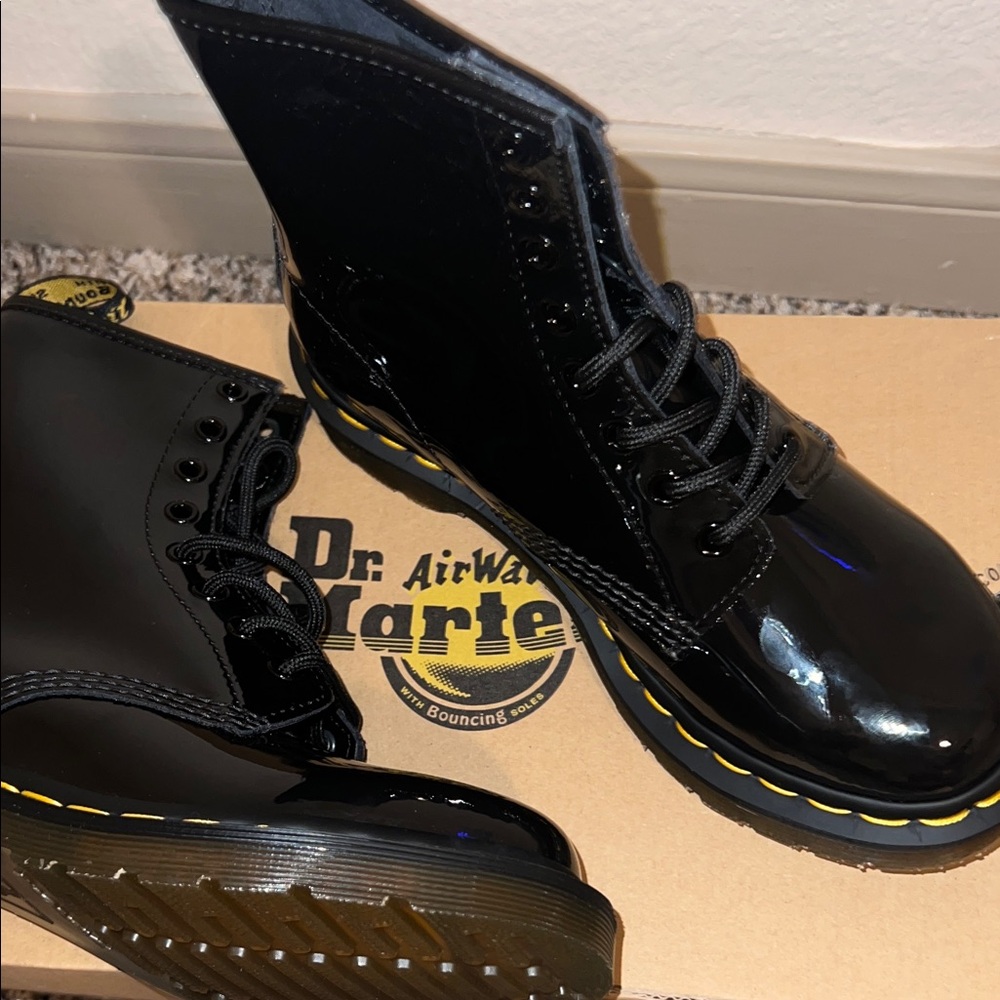Dr. Martens Glossy Black Boots with Yellow Stitching